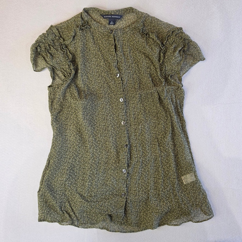 Banana Republic Cottagecore Ruffle Blouse Small Silk Dark Academia Green Floral - Picture 2 of 7